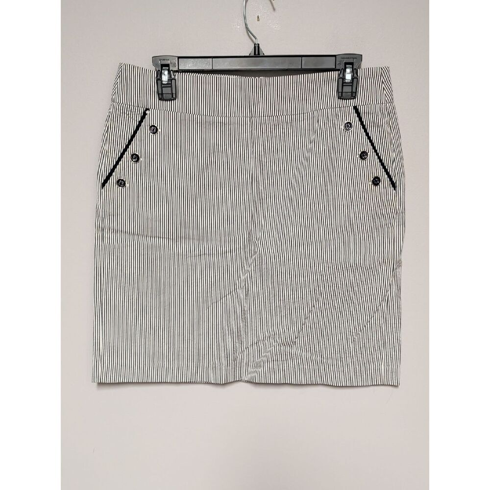 Valerie BertinelliโBlue and White Pinstripe Mini Skirt